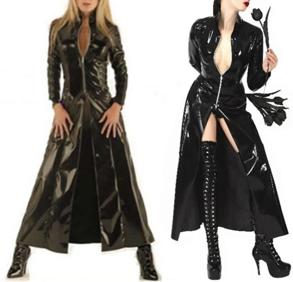 Fjnbbiot Sexy Faux Leather Long Sleeves Long Coat Women PU Leather Coat Trench