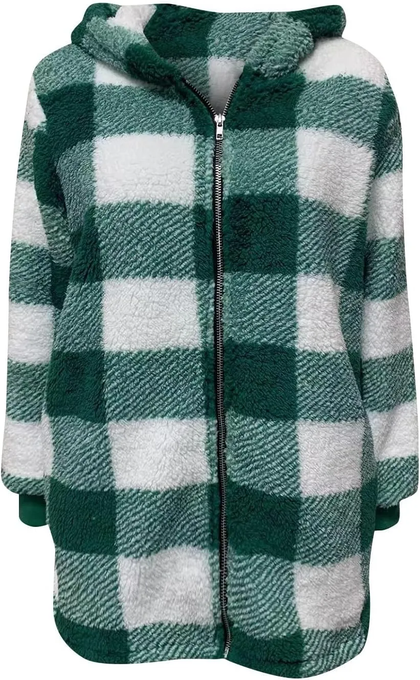 Fleece Jacket Women Sherpa Lined Plaid Flannel Hooded Jacket Oversized Zip Up Jacket with Pockets Fall Warm Coat