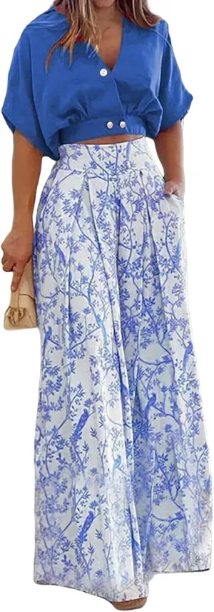 Floral 2 Piece Outfit for Women Batwing Sleeve V Neck Crop Tops and Wide Leg Boho Pants Sets Vacation Outfits