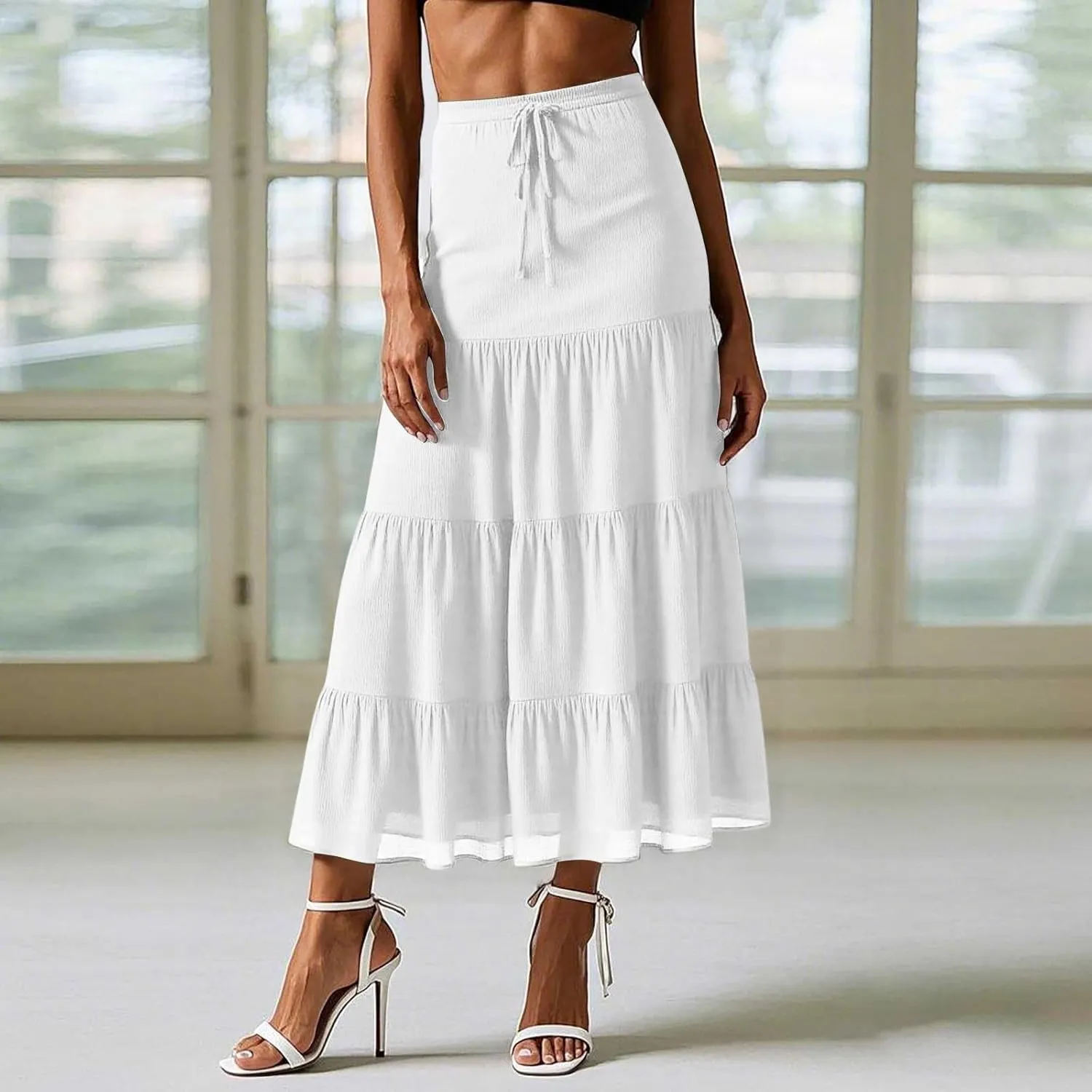 Floral Maxi Skirt for Women Summer Comfy Tiered Elastic High Waisted Skirts Vacation A-Line Flowy Swing Long Skirts