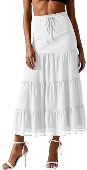 Floral Maxi Skirt for Women Summer Comfy Tiered Elastic High Waisted Skirts Vacation A-Line Flowy Swing Long Skirts