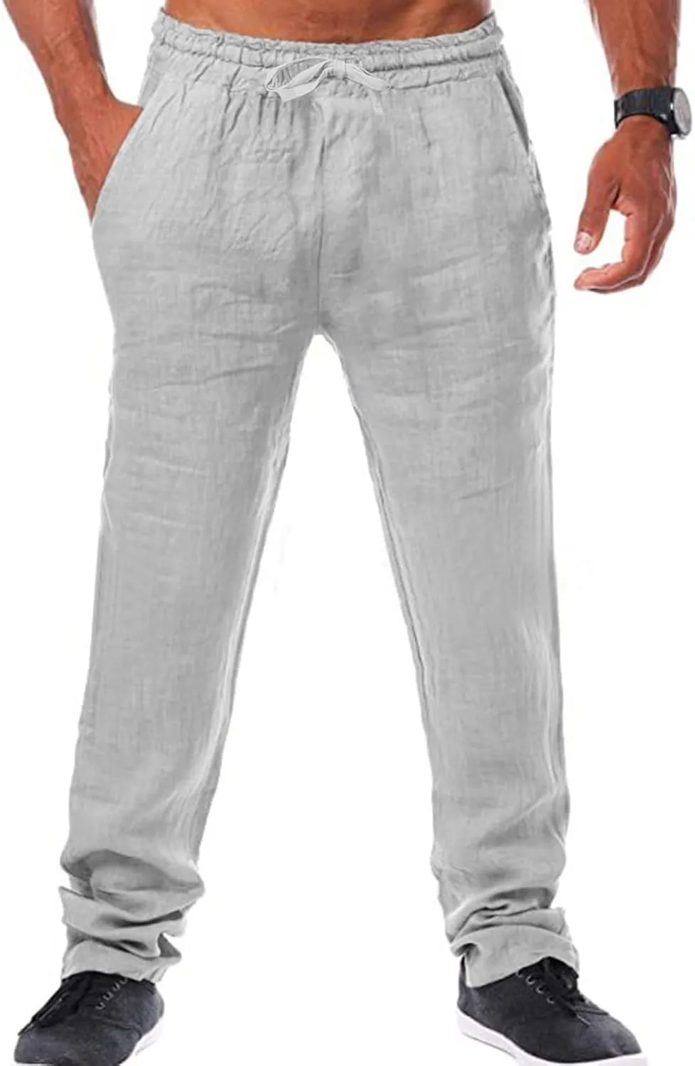 Flowy Pants for Men Mens Linen Trousers Casual Men's Slim-Fit Wrinkle- Flat-Front Chino Mens Fall Pants Lightweight