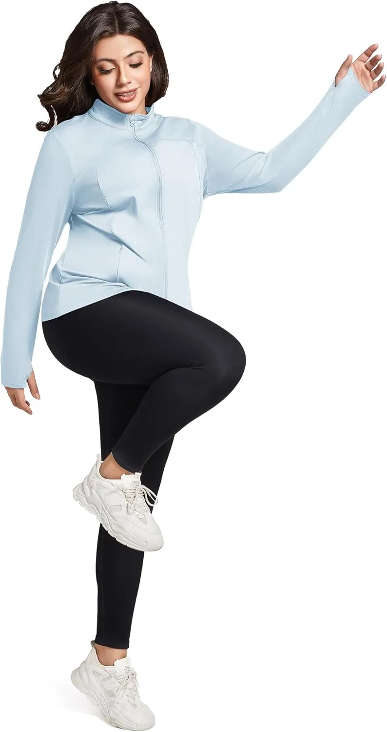 FOREYOND Plus Size Jackets for Women Athletic Workout Running Jacket Full Zip up Lightweight Yoga Tops with Thumb Holes