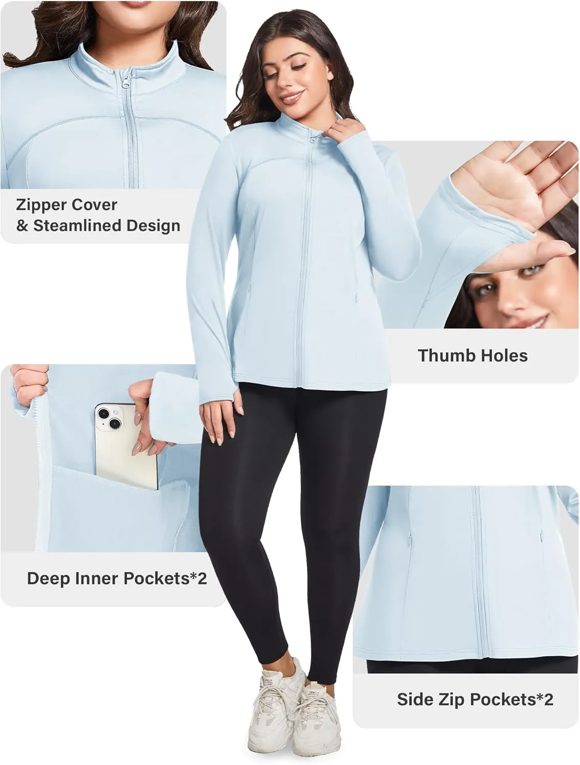 FOREYOND Plus Size Jackets for Women Athletic Workout Running Jacket Full Zip up Lightweight Yoga Tops with Thumb Holes