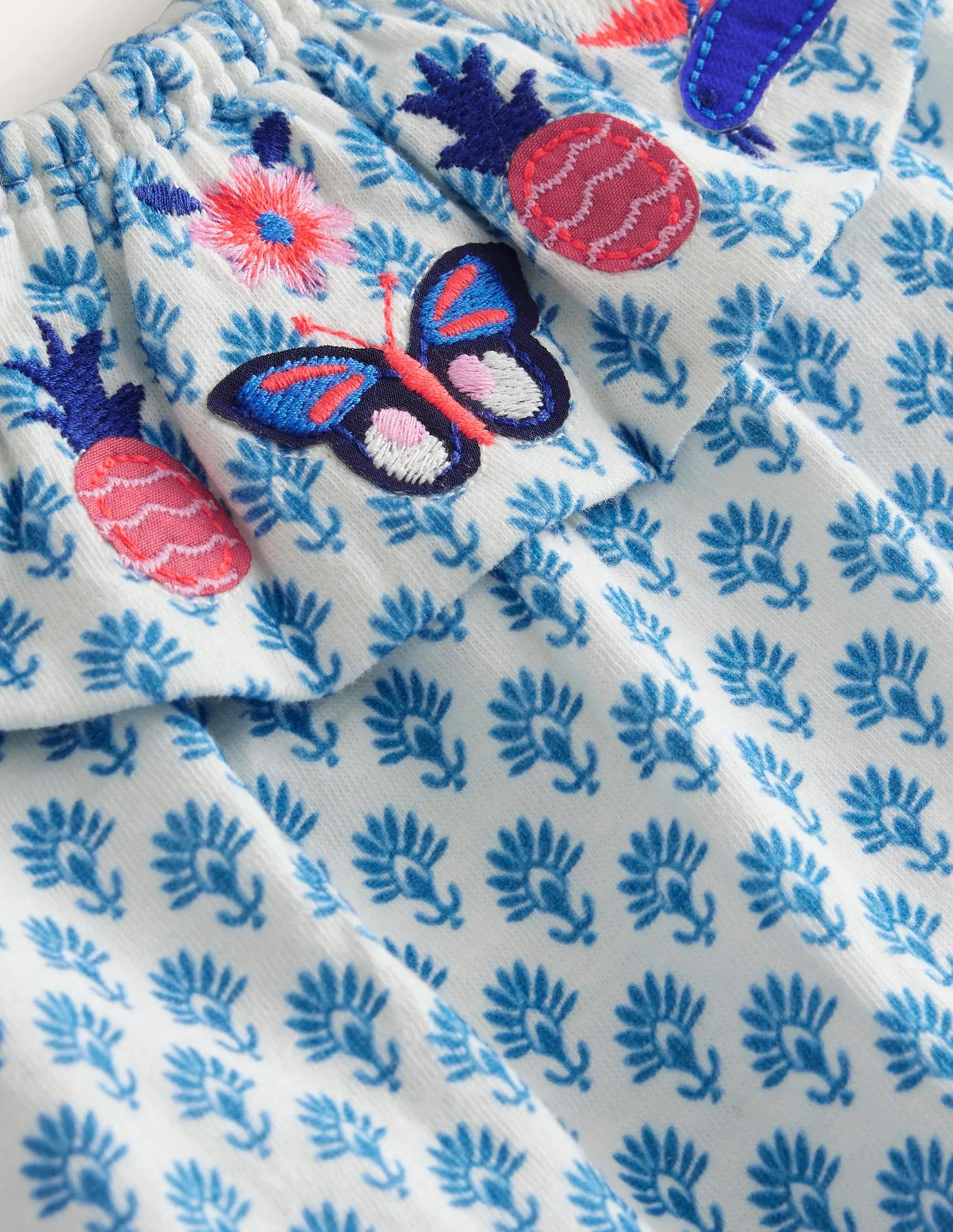 Frill Embroidered Top-Blue Woodblock Butterflies