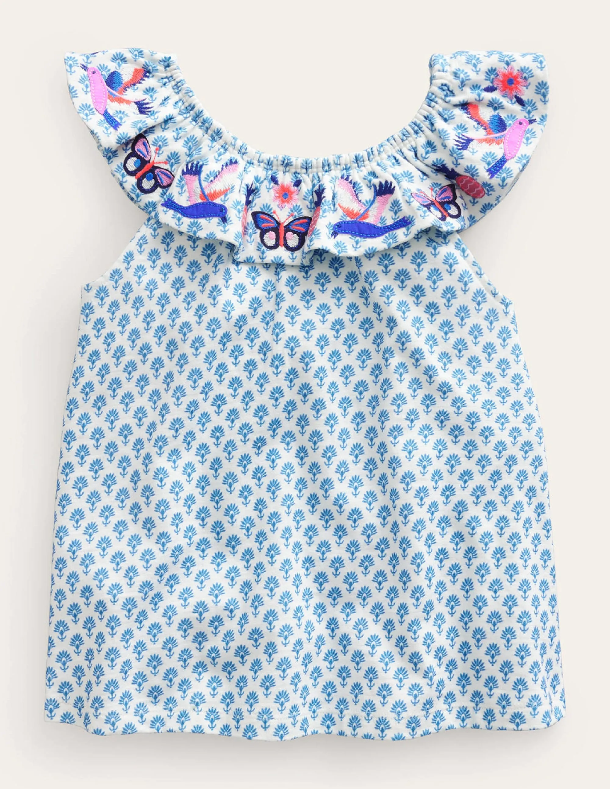Frill Embroidered Top-Blue Woodblock Butterflies