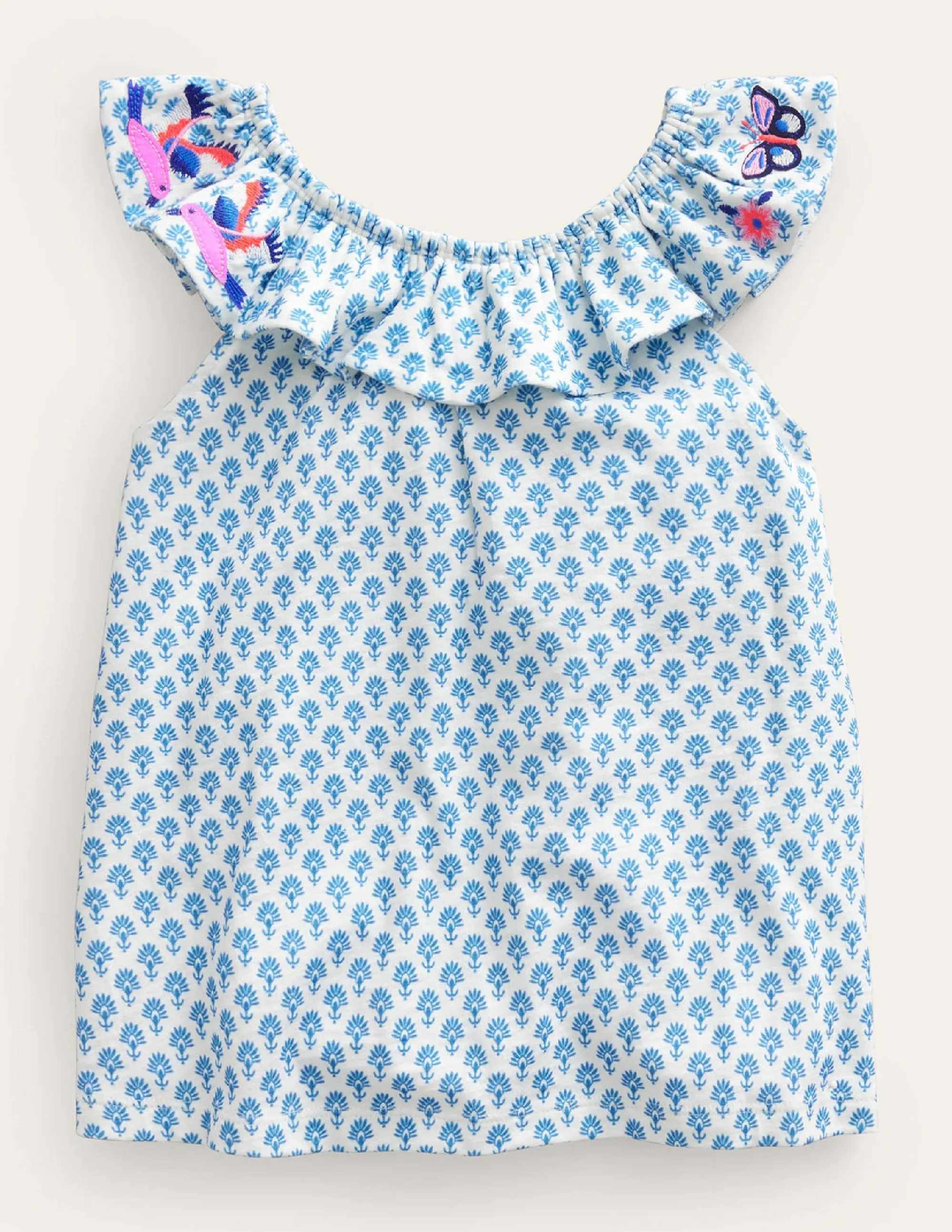 Frill Embroidered Top-Blue Woodblock Butterflies