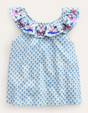 Frill Embroidered Top-Blue Woodblock Butterflies