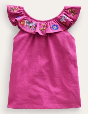 Frill Embroidered Top-Pink Zebras