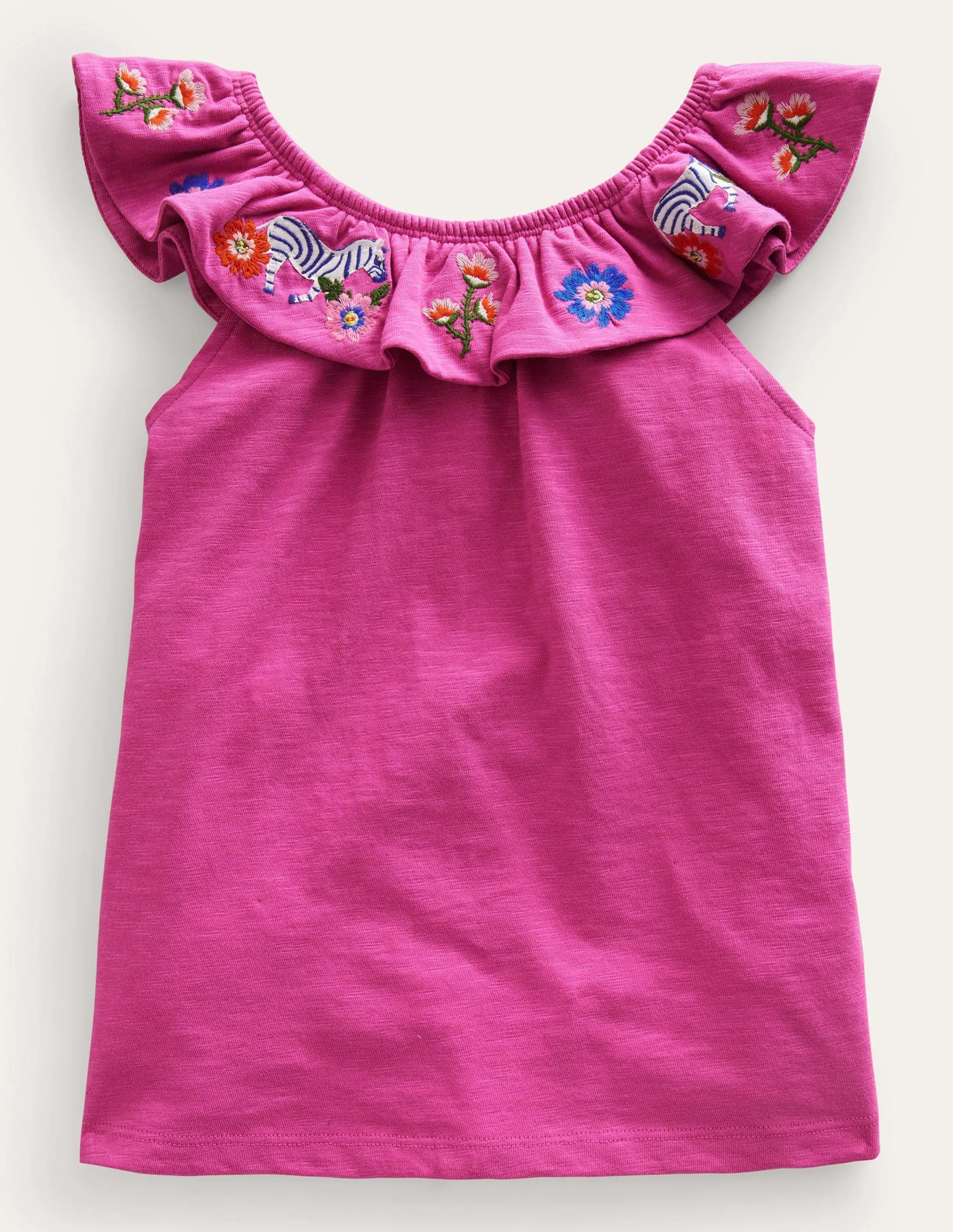 Frill Embroidered Top-Pink Zebras