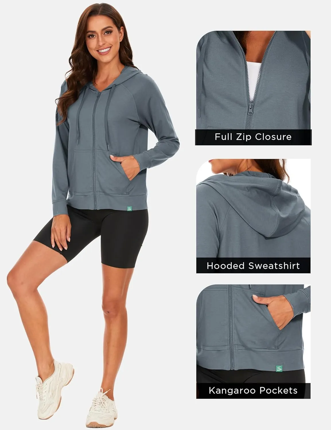 Full Zip Up Hoodies for Women Bamboo Viscose Lightweight Hooded Sweatshirt with Pocket Casual Long Sleeve Terry Top