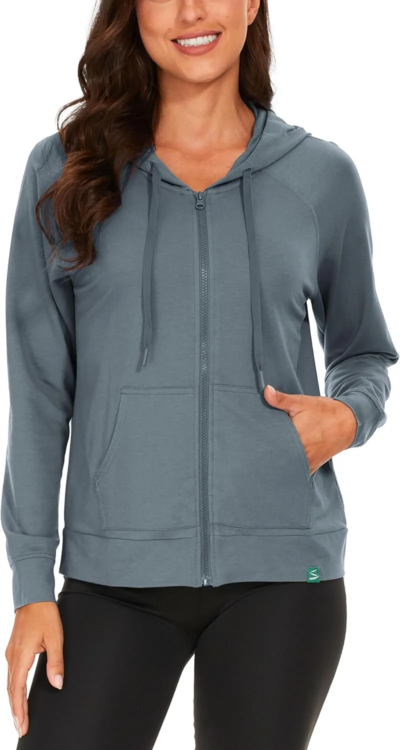 Full Zip Up Hoodies for Women Bamboo Viscose Lightweight Hooded Sweatshirt with Pocket Casual Long Sleeve Terry Top