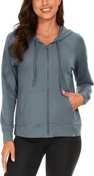 Full Zip Up Hoodies for Women Bamboo Viscose Lightweight Hooded Sweatshirt with Pocket Casual Long Sleeve Terry Top