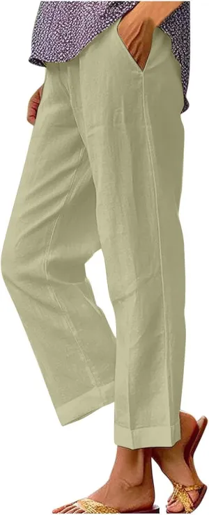 FZYLQY Cotton Linen Pants for Women Summer Elastic Waist Crop Pants Plus Size Straight Leg Slack Casual Trousers with Pocket