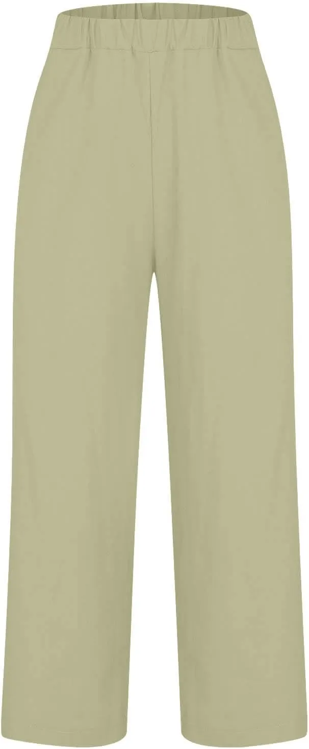FZYLQY Cotton Linen Pants for Women Summer Elastic Waist Crop Pants Plus Size Straight Leg Slack Casual Trousers with Pocket