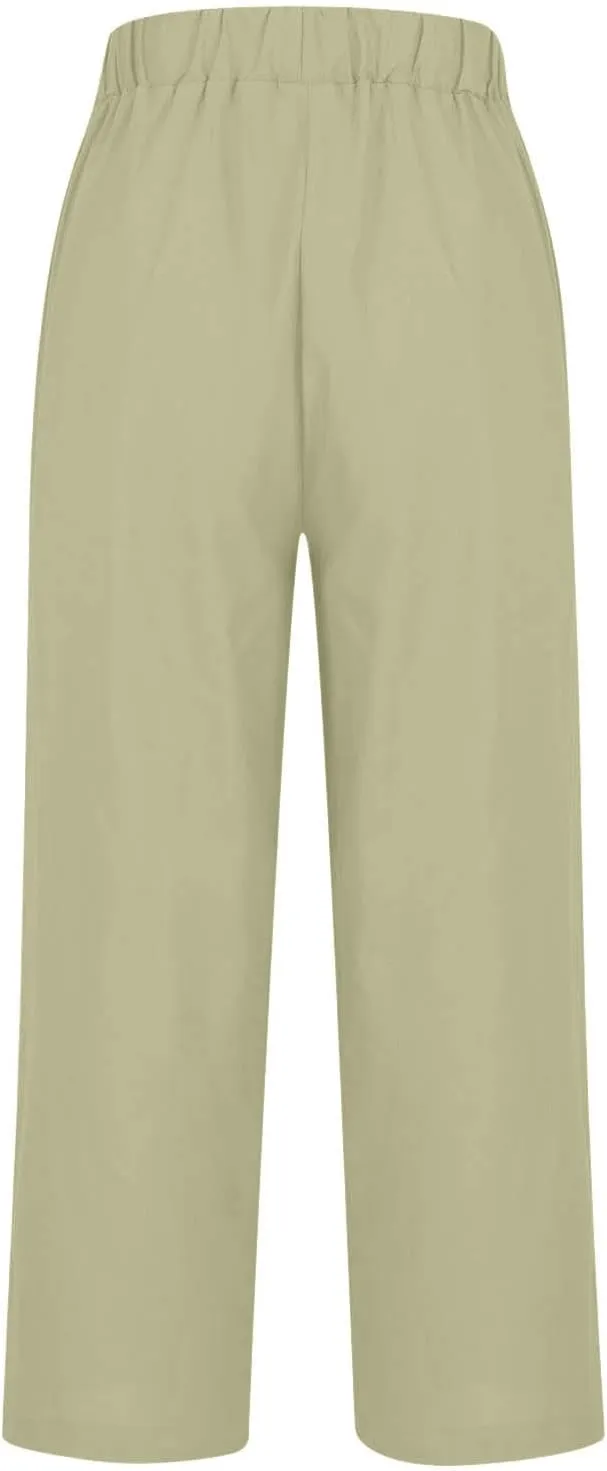 FZYLQY Cotton Linen Pants for Women Summer Elastic Waist Crop Pants Plus Size Straight Leg Slack Casual Trousers with Pocket