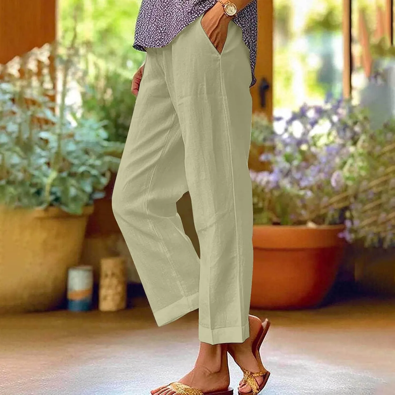 FZYLQY Cotton Linen Pants for Women Summer Elastic Waist Crop Pants Plus Size Straight Leg Slack Casual Trousers with Pocket