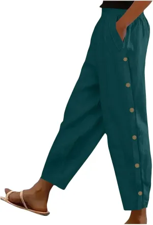 FZYLQY Linen Pants for Women 2025 High Waisted Wide Leg Trousers Trendy Striped Side Button Elastic Waist Summer Gauze Pants