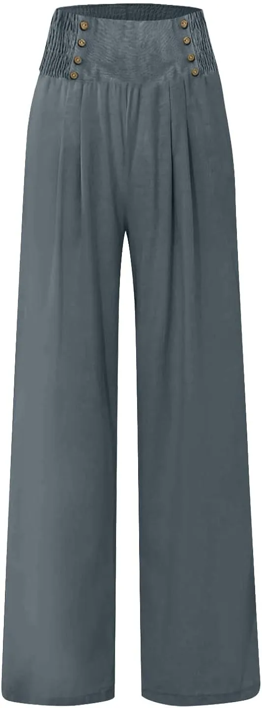 FZYLQY Linen Pants for Women Comfy Flowy Wide Leg Pants Trousers Summer High Waisted Beach Palazzo Pants with Pockets 2025