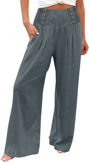 FZYLQY Linen Pants for Women Comfy Flowy Wide Leg Pants Trousers Summer High Waisted Beach Palazzo Pants with Pockets 2025