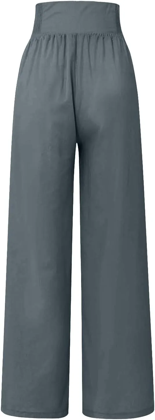FZYLQY Linen Pants for Women Comfy Flowy Wide Leg Pants Trousers Summer High Waisted Beach Palazzo Pants with Pockets 2025