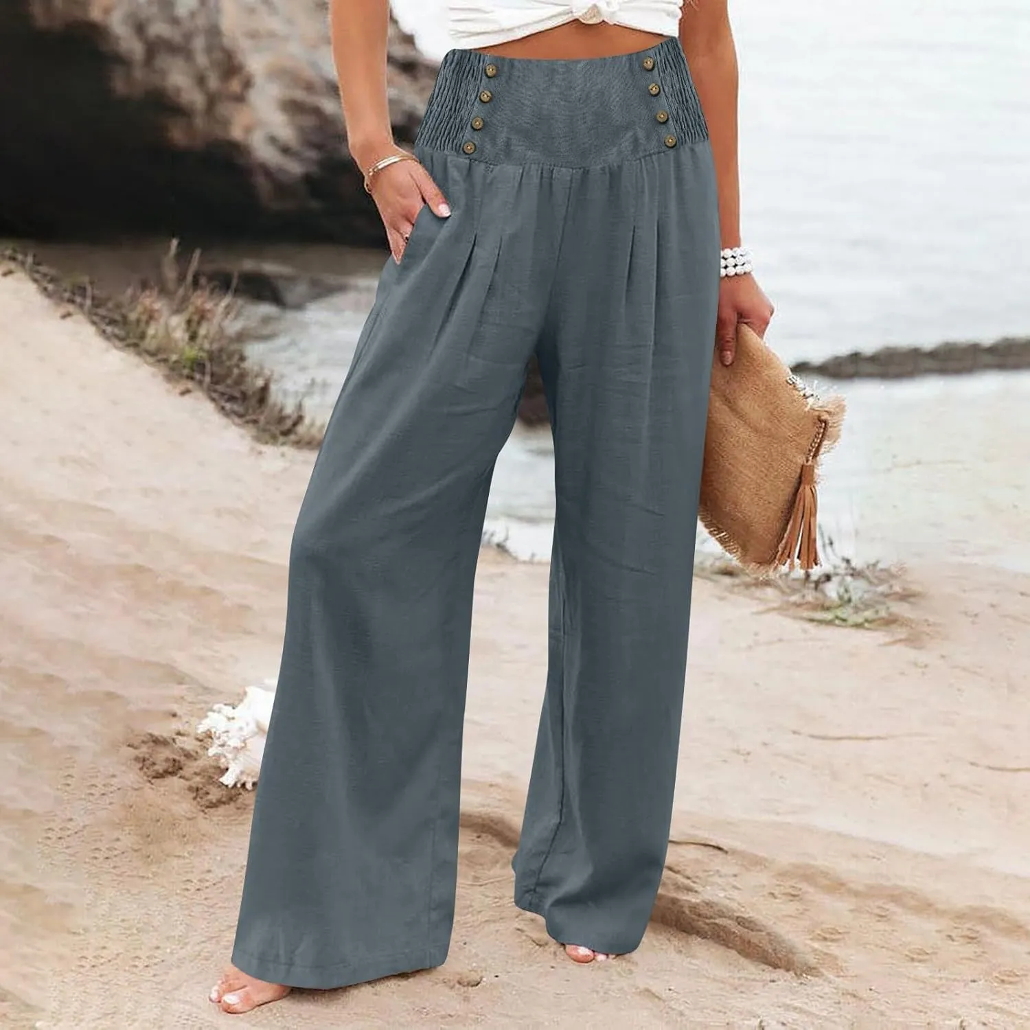 FZYLQY Linen Pants for Women Comfy Flowy Wide Leg Pants Trousers Summer High Waisted Beach Palazzo Pants with Pockets 2025