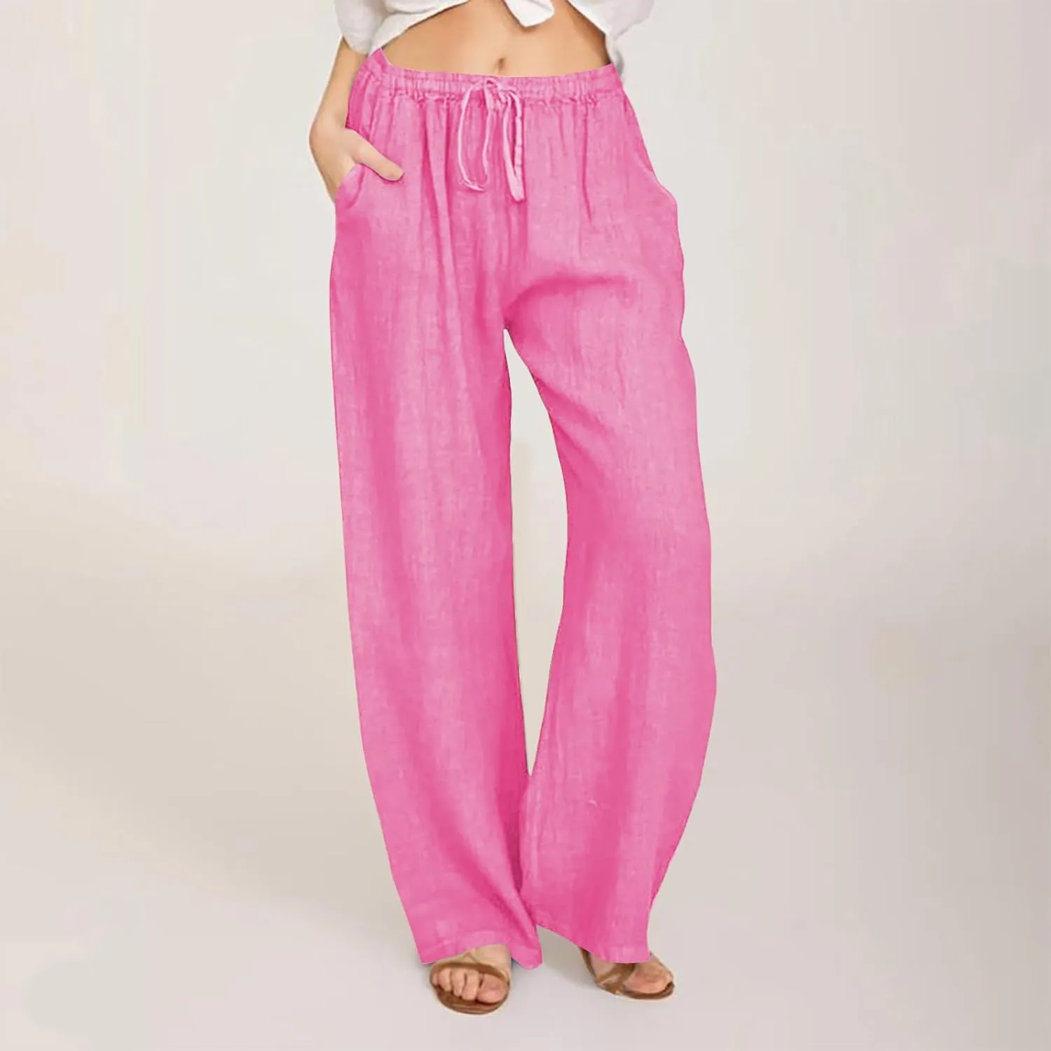FZYLQY Linen Pants Women Summer 2025, Wide Leg Casual Cotton Linen Pants High Waisted Drawstring Lounge Pants Beach Trousers