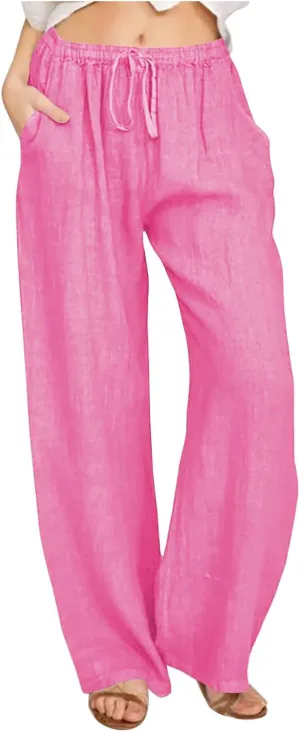 FZYLQY Linen Pants Women Summer 2025, Wide Leg Casual Cotton Linen Pants High Waisted Drawstring Lounge Pants Beach Trousers