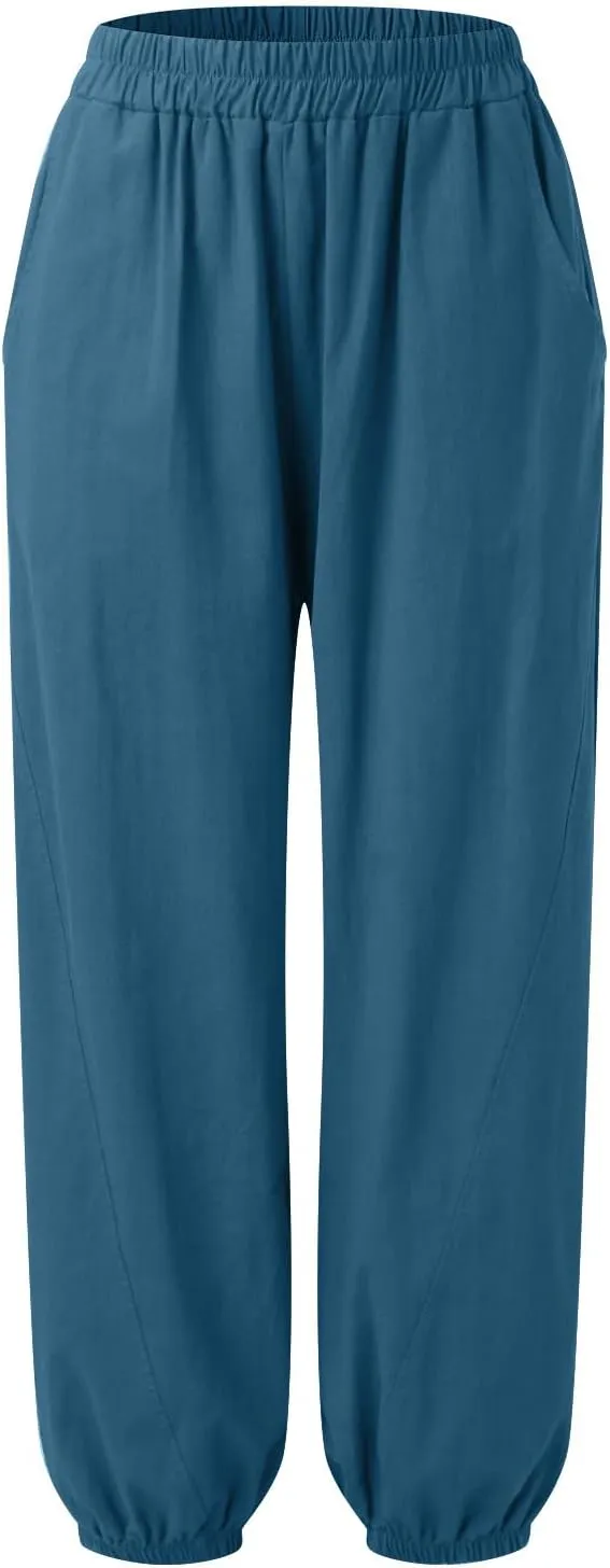 FZYLQY Women Casual Loose Linen Pants Straight Leg Elastic High Waist Parachute Pants Daily Hiking Workout Athletic Trousers