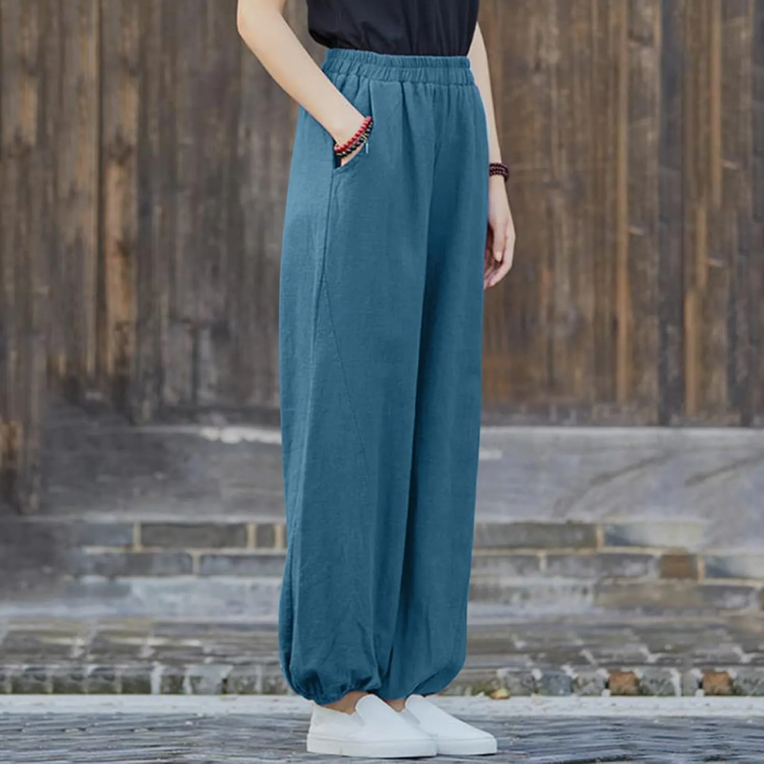 FZYLQY Women Casual Loose Linen Pants Straight Leg Elastic High Waist Parachute Pants Daily Hiking Workout Athletic Trousers