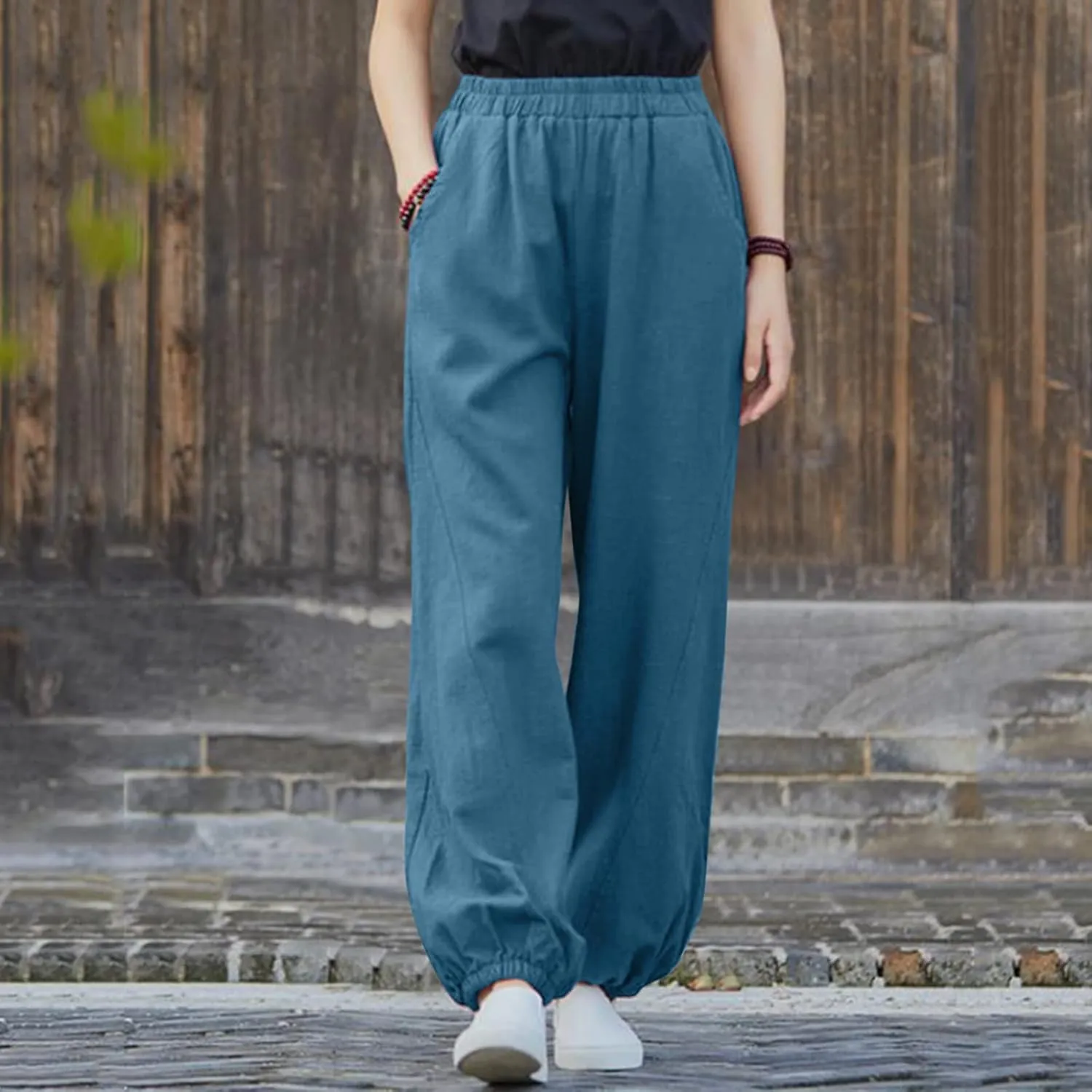 FZYLQY Women Casual Loose Linen Pants Straight Leg Elastic High Waist Parachute Pants Daily Hiking Workout Athletic Trousers