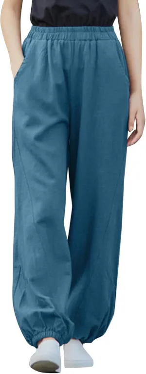 FZYLQY Women Casual Loose Linen Pants Straight Leg Elastic High Waist Parachute Pants Daily Hiking Workout Athletic Trousers