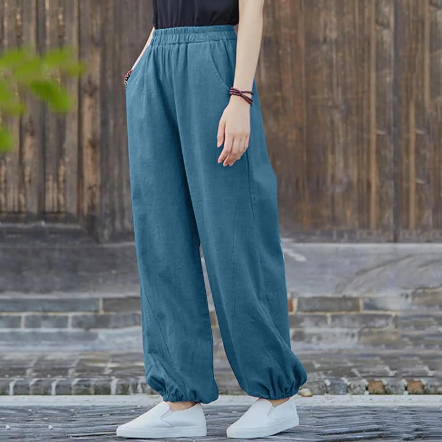 FZYLQY Women Casual Loose Linen Pants Straight Leg Elastic High Waist Parachute Pants Daily Hiking Workout Athletic Trousers