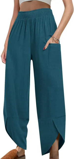 FZYLQY Womens Baggy Wide Leg Pants Casual Summer Linen Pants Elastic Waisted Casual Palazzo Harem Pants 2025 Beach Trousers