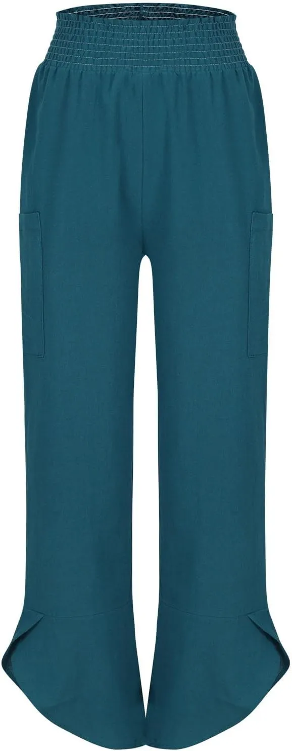 FZYLQY Womens Baggy Wide Leg Pants Casual Summer Linen Pants Elastic Waisted Casual Palazzo Harem Pants 2025 Beach Trousers