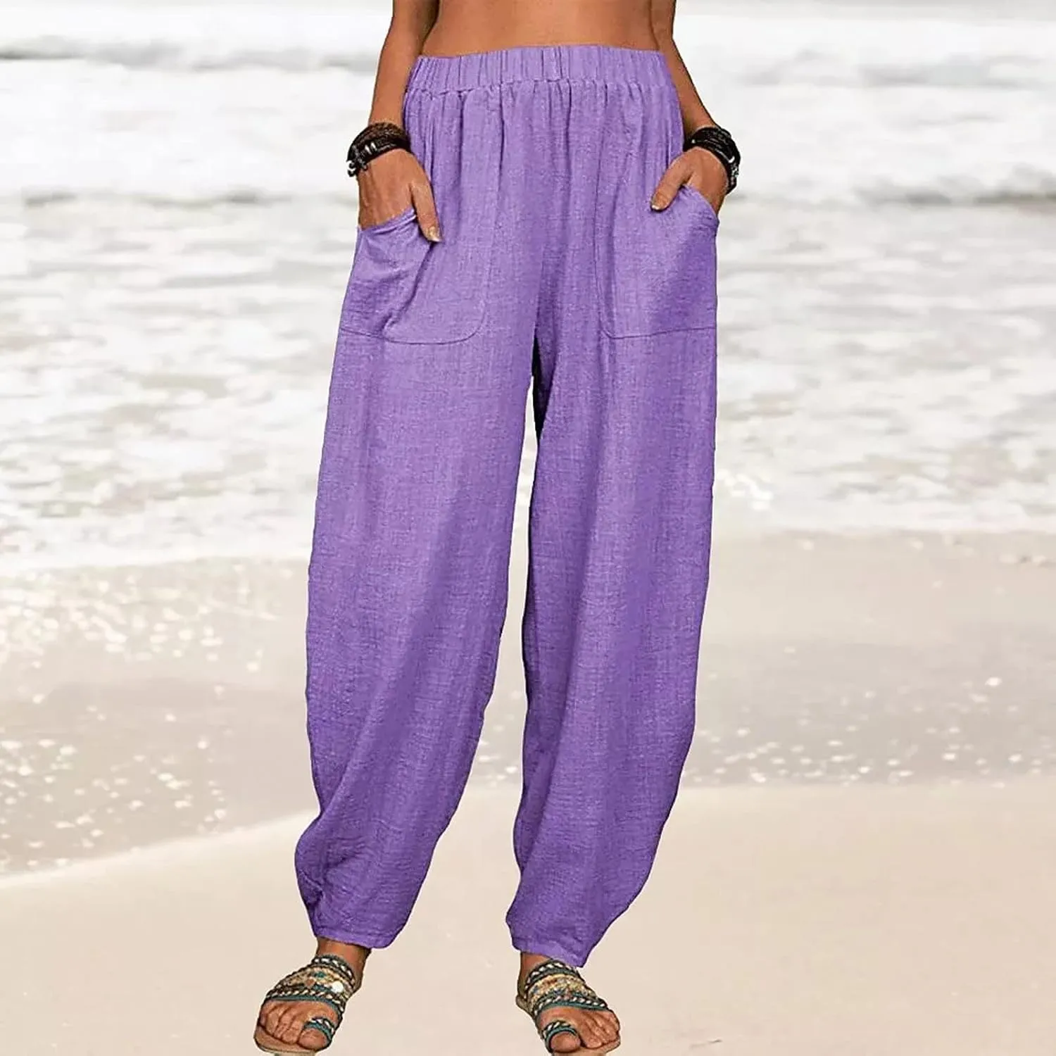 FZYLQY Womens Cotton Linen Pants Harem High Waisted Wide Leg Trousers Loose Elastic Fashion Solid Summer Pant with Pockets