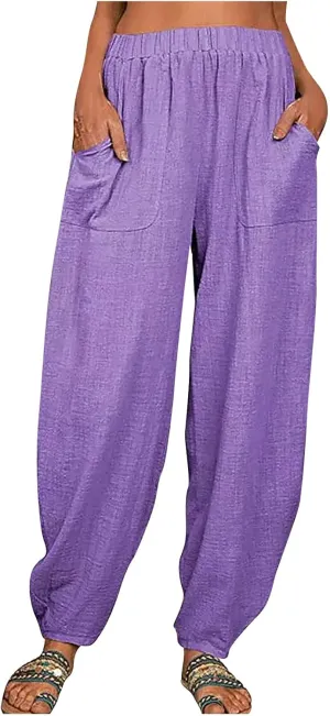 FZYLQY Womens Cotton Linen Pants Harem High Waisted Wide Leg Trousers Loose Elastic Fashion Solid Summer Pant with Pockets
