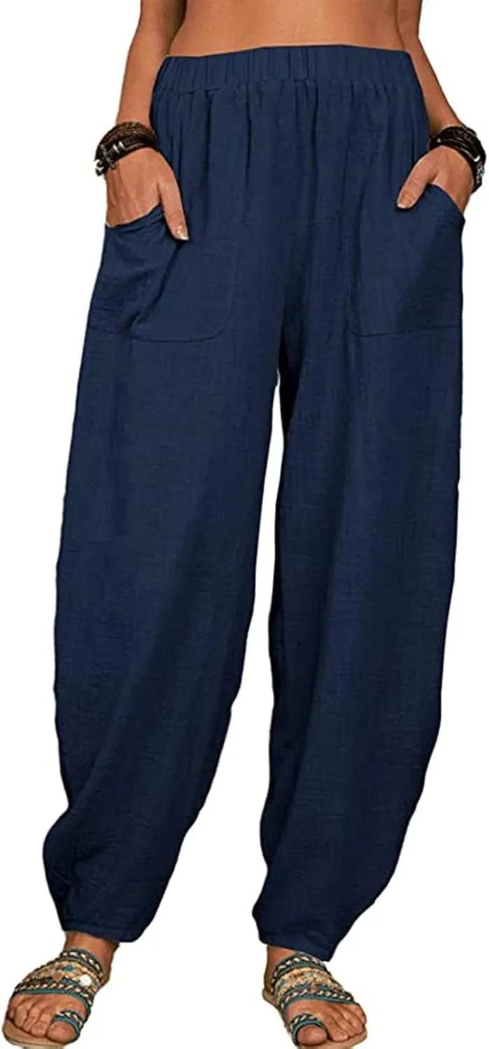 FZYLQY Womens Cotton Linen Pants Harem High Waisted Wide Leg Trousers Loose Elastic Fashion Solid Summer Pant with Pockets