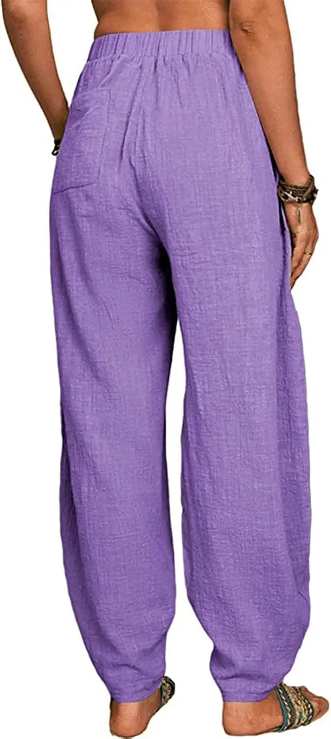 FZYLQY Womens Cotton Linen Pants Harem High Waisted Wide Leg Trousers Loose Elastic Fashion Solid Summer Pant with Pockets