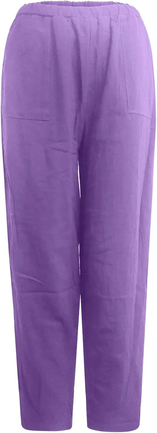 FZYLQY Womens Cotton Linen Pants Harem High Waisted Wide Leg Trousers Loose Elastic Fashion Solid Summer Pant with Pockets