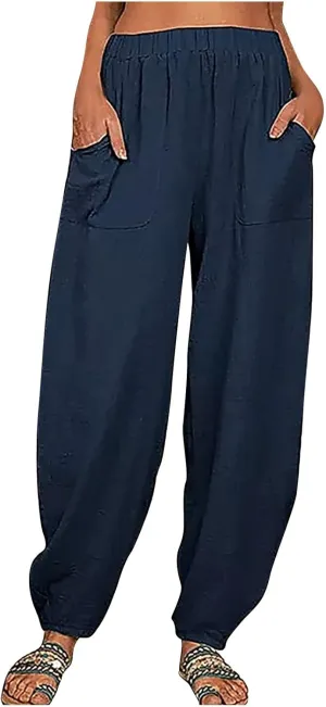 FZYLQY Womens Cotton Linen Pants Harem High Waisted Wide Leg Trousers Loose Elastic Fashion Solid Summer Pant with Pockets