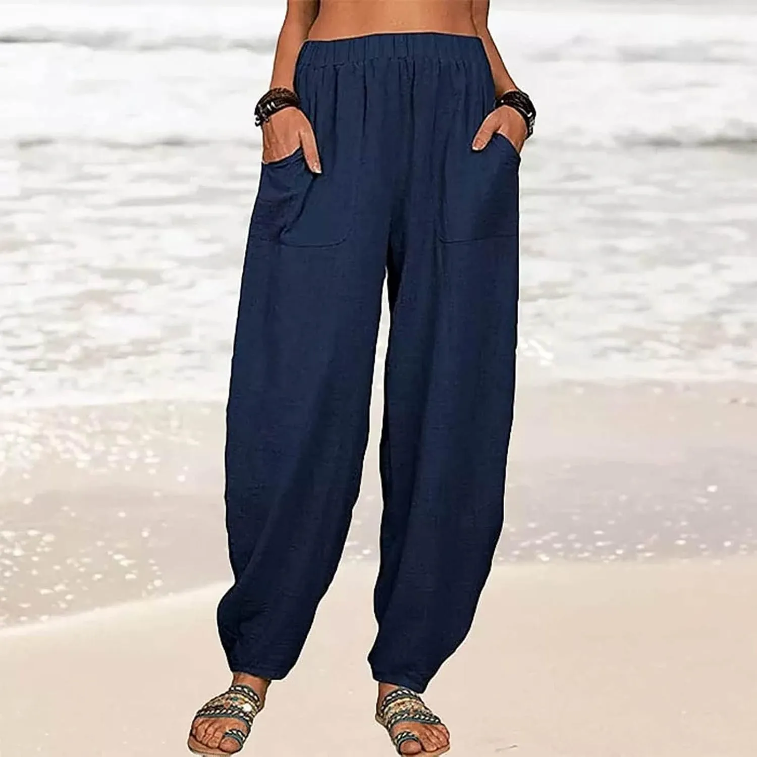FZYLQY Womens Cotton Linen Pants Harem High Waisted Wide Leg Trousers Loose Elastic Fashion Solid Summer Pant with Pockets
