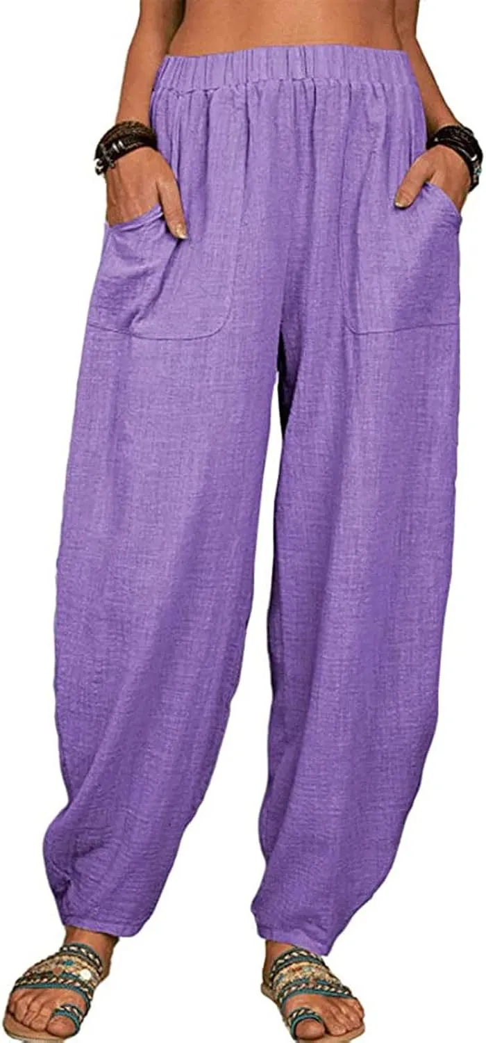 FZYLQY Womens Cotton Linen Pants Harem High Waisted Wide Leg Trousers Loose Elastic Fashion Solid Summer Pant with Pockets