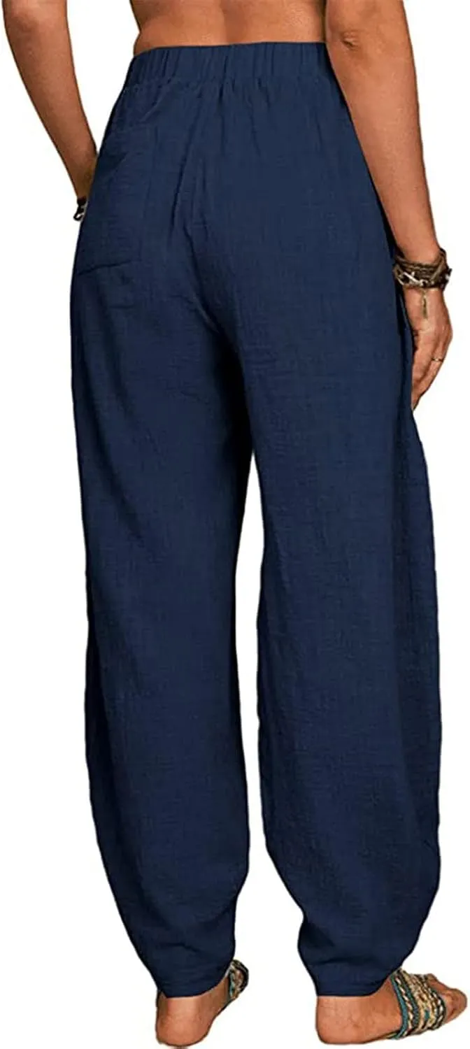 FZYLQY Womens Cotton Linen Pants Harem High Waisted Wide Leg Trousers Loose Elastic Fashion Solid Summer Pant with Pockets