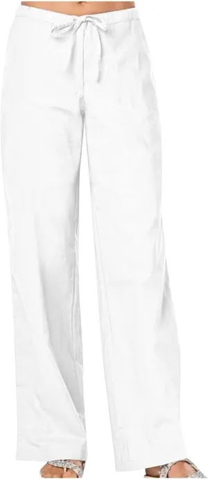 FZYLQY Women's Cotton Linen Pants, Ladies 2025 Summer Wide Leg Pants Casual Loose Elastic High Waist Palazzo Trousers