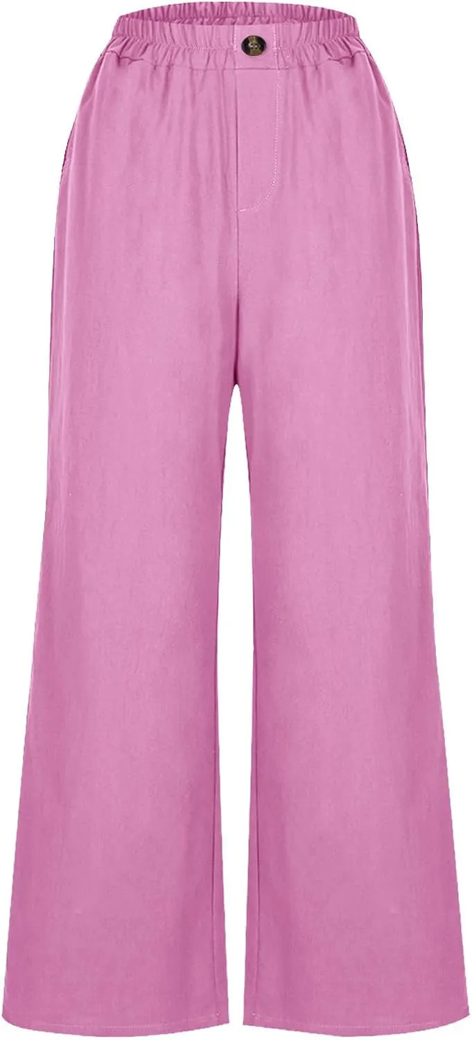 FZYLQY Womens Cotton Linen Pants Solid Button Elastic Waist Casual Wide Leg Trousers Loose Lightweight Comfy Lounge Pants