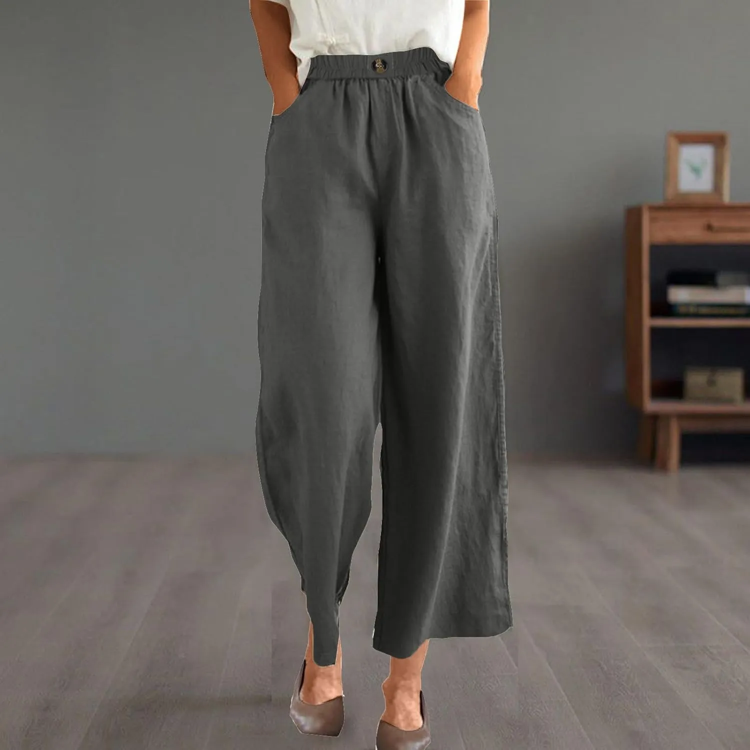 FZYLQY Womens Cotton Linen Pants Solid Button Elastic Waist Casual Wide Leg Trousers Loose Lightweight Comfy Lounge Pants