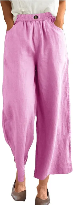 FZYLQY Womens Cotton Linen Pants Solid Button Elastic Waist Casual Wide Leg Trousers Loose Lightweight Comfy Lounge Pants