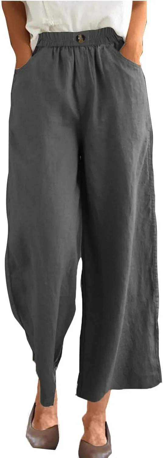 FZYLQY Womens Cotton Linen Pants Solid Button Elastic Waist Casual Wide Leg Trousers Loose Lightweight Comfy Lounge Pants