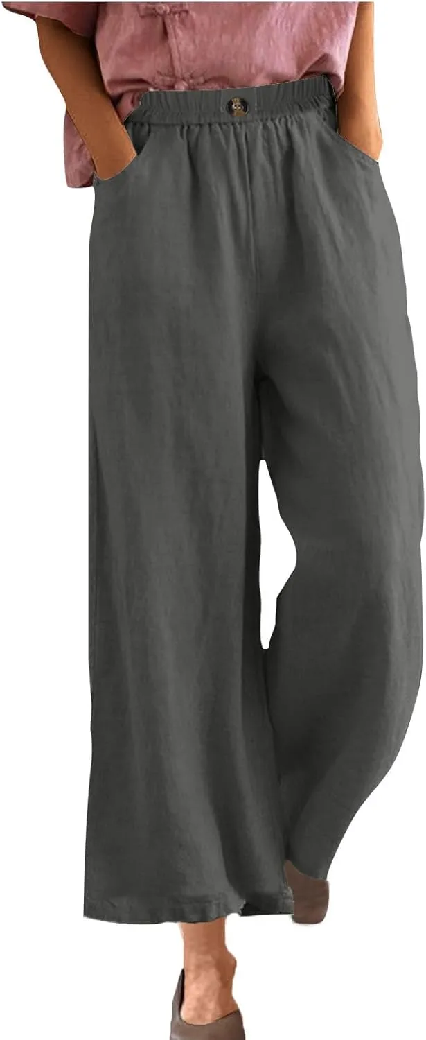 FZYLQY Womens Cotton Linen Pants Solid Button Elastic Waist Casual Wide Leg Trousers Loose Lightweight Comfy Lounge Pants